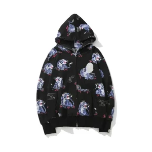 Bape Tiger Head Graphic Full Zip Black Hoodie