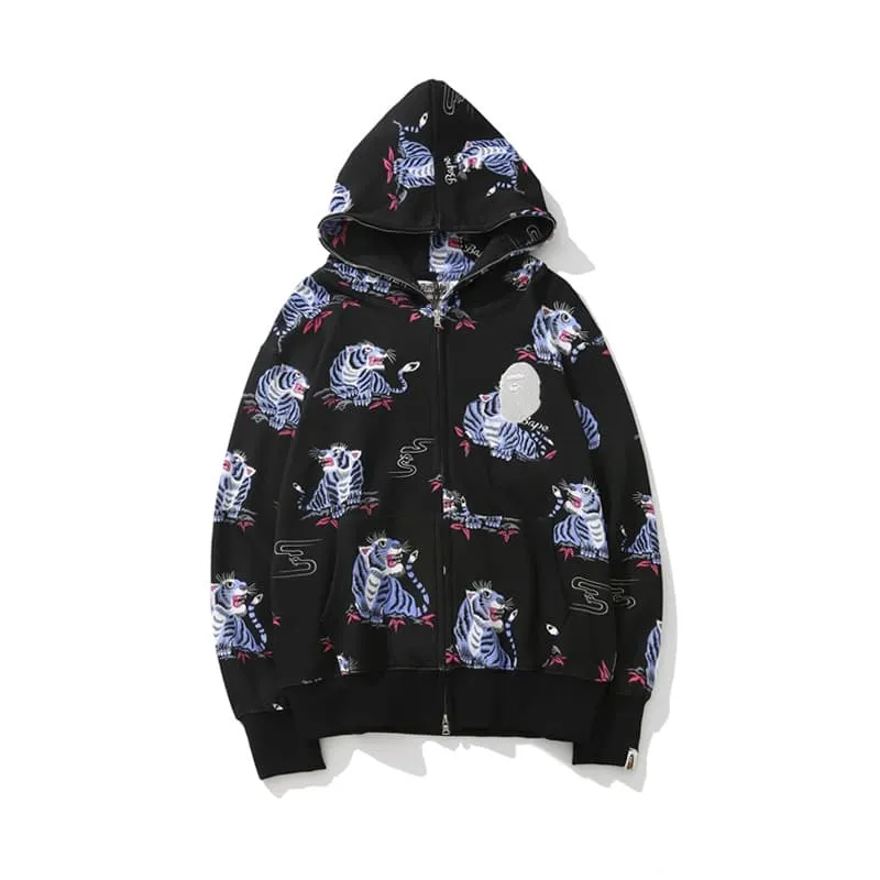 Bape Tiger Head Graphic Full Zip Black Hoodie